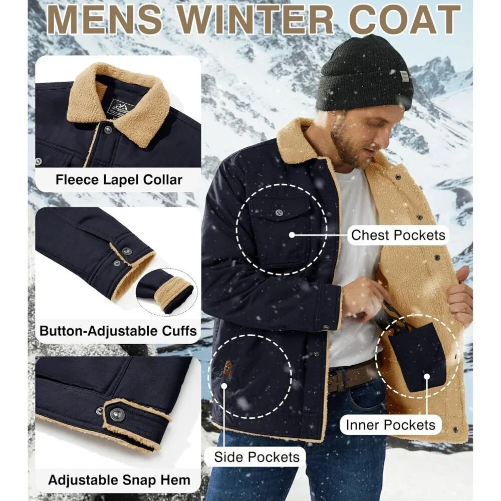 Men's Navy Winter Thick Thermal Cotton Warm Fleece Lined Coat Cargo Jackets